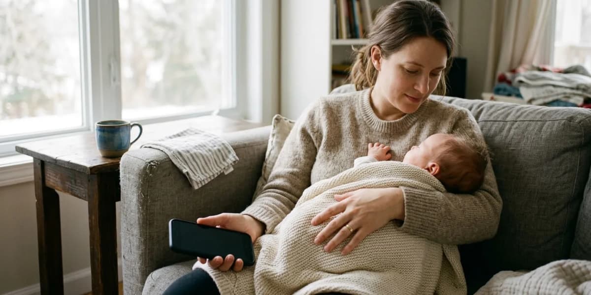 A woman on a sofa holds a sleeping baby in a knit blanket, with a phone in her other hand