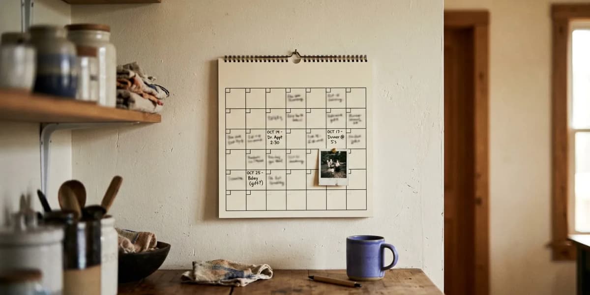 A kitchen wall calendar with handwriting in many squares and a small pinned photo, above a counter with a blue mug