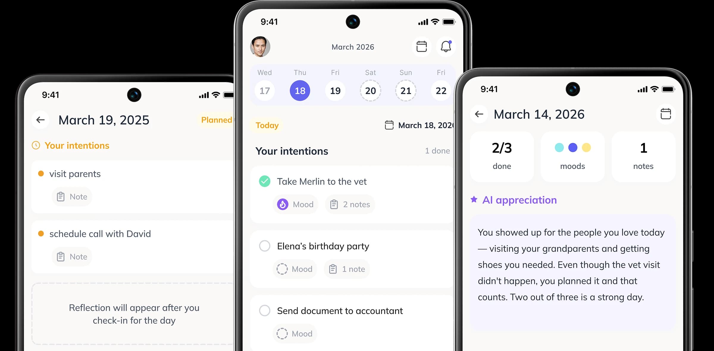 Wonaby app — daily achievement tracker showing intentions, mood, and AI appreciation