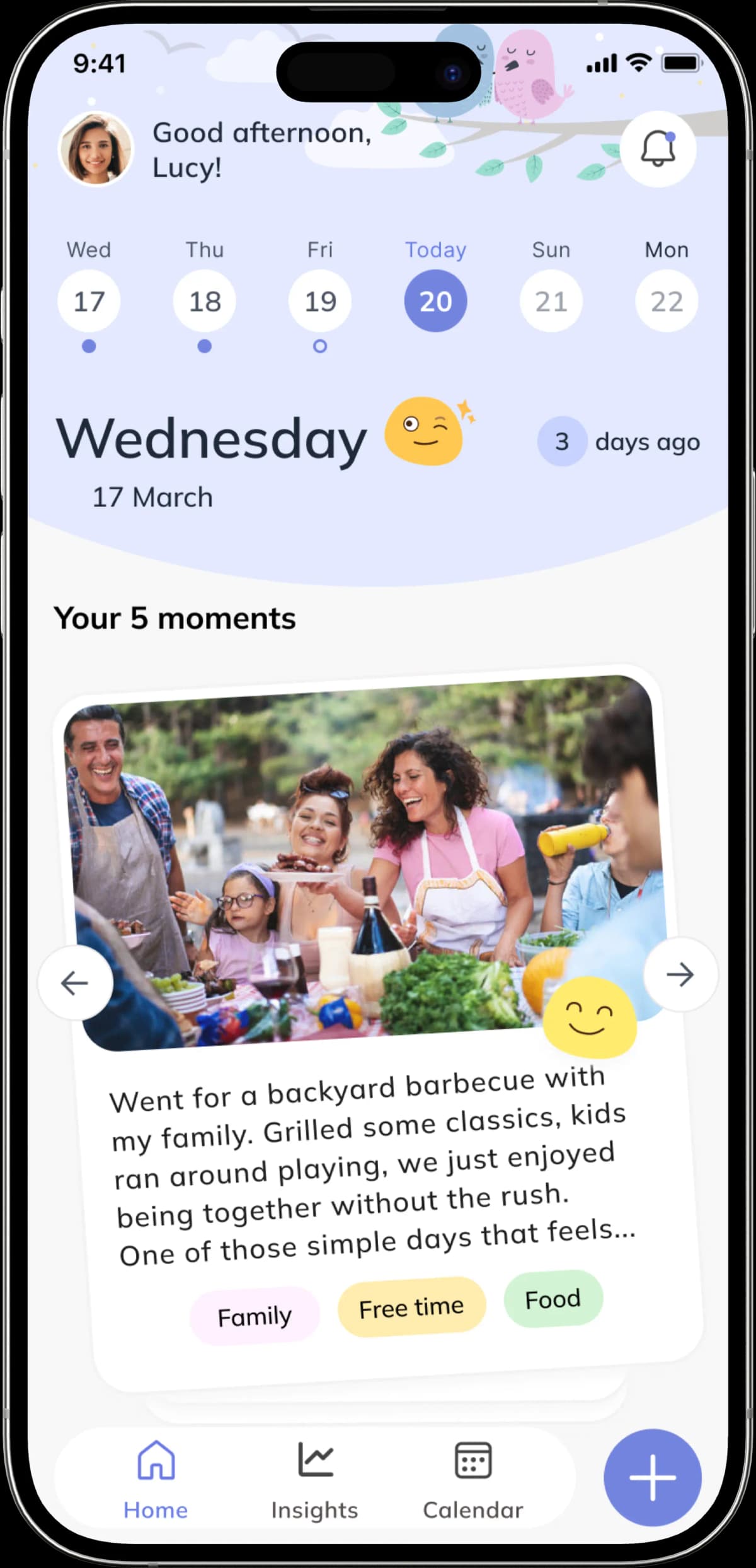 Wonaby app — moment capture in 30 seconds, mood tagging, and daily insight patterns