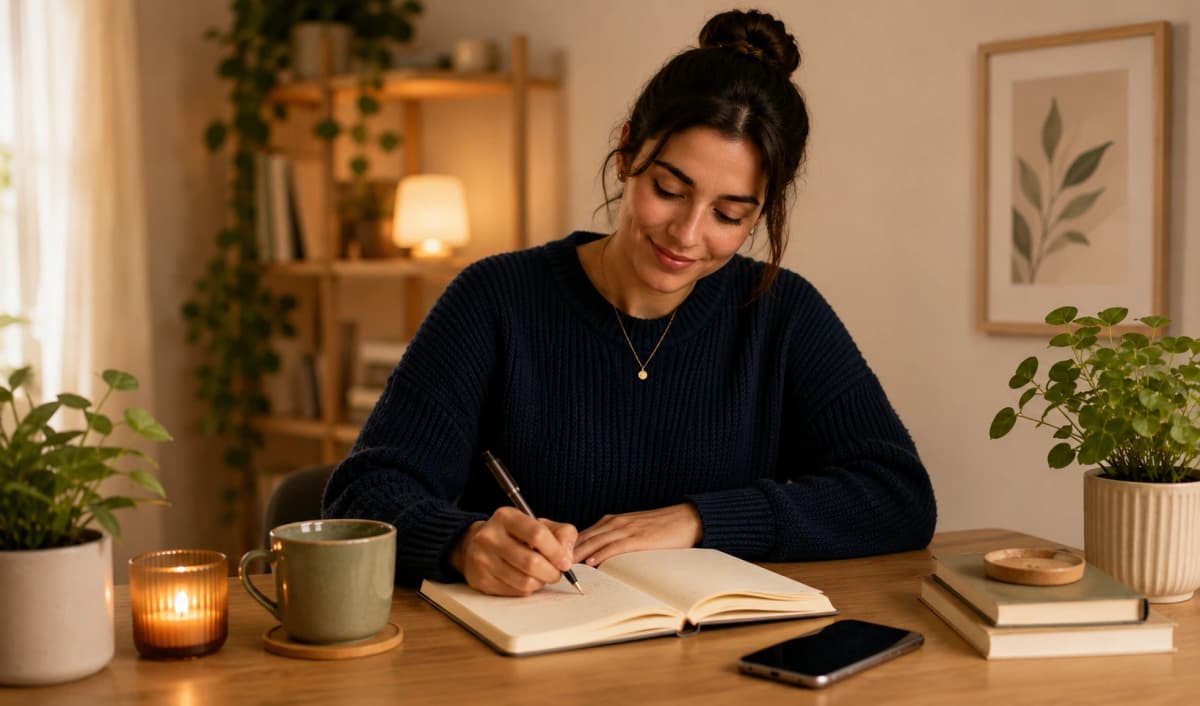 Person journaling peacefully, capturing thoughts without guilt or pressure