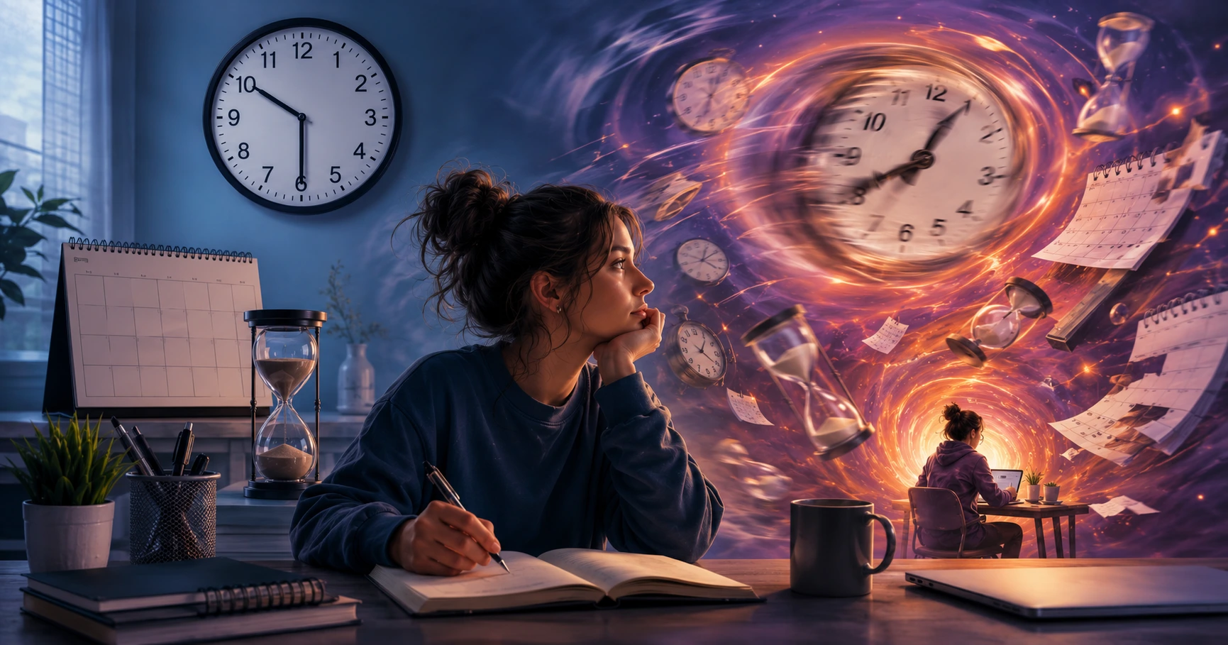 Calm workspace with clock blur, representing time blindness in ADHD